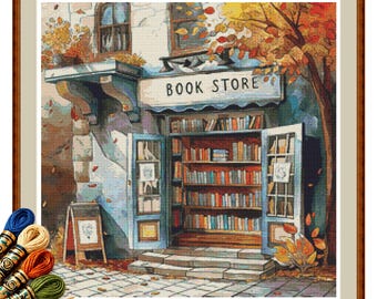 Open Door Autumn Bookstore Cross Stitch Pattern PDF, Cozy Fall Bookshop