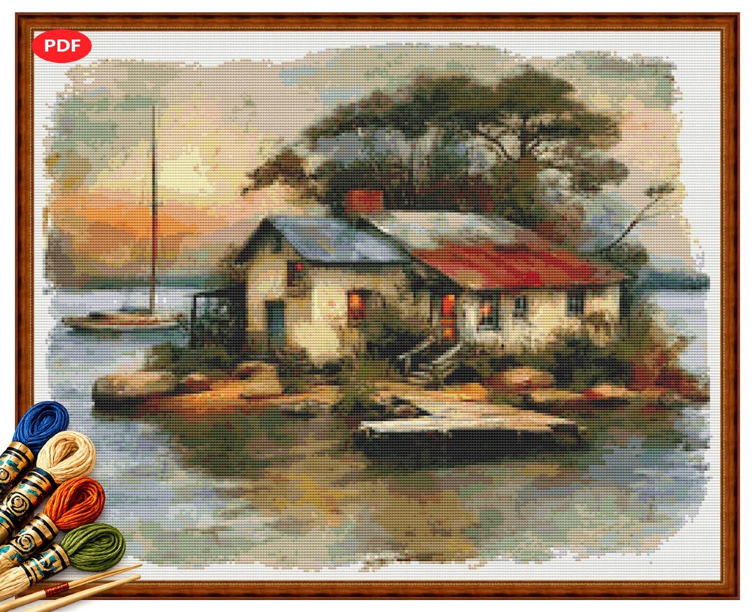 Cozy Lakeside Cottage Cross Stitch Pattern PDF, Sunset Lake House ...