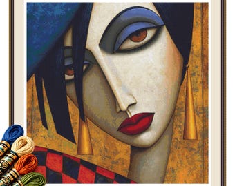 Woman with Golden Earrings Cross Stitch Pattern PDF, Modern Geometric Portrait