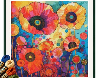 Colorful Flowers 3 Cross Stitch Pattern: Bright Floral Embroidery PDF Chart.