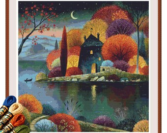 Crescent Moon Cottage Cross Stitch Pattern PDF, Autumn Lake Landscape, Fall Needlework