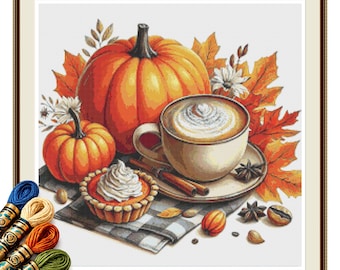 Autumn Pumpkin Coffee Cross Stitch Pattern PDF, Cozy Fall Still Life Instant Download