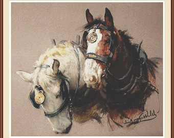 Shire Horses Cross Stitch Pattern: Draft Horse Portrait PDF Chart.