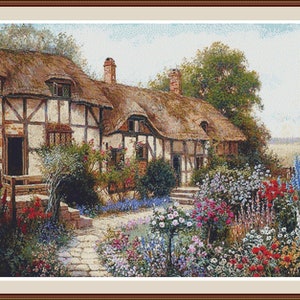 Anne Hathaway&#39;s Cottage - Cross stitch pattern PDF, Embroidery chart, Cottage pattern, Cross stitch, Landscape PDF, Needlepoint pattern.
