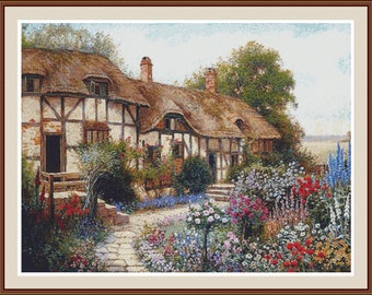 Anne Hathaway's Cottage Cross Stitch Pattern: Historic Home Embroidery PDF Chart.