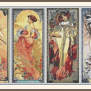 Four Seasons by Alphonse Mucha. Cross stitch.Cross stitch pattern. Counted cross stitch. PDF cross stitch chart. Cross stitch supply.