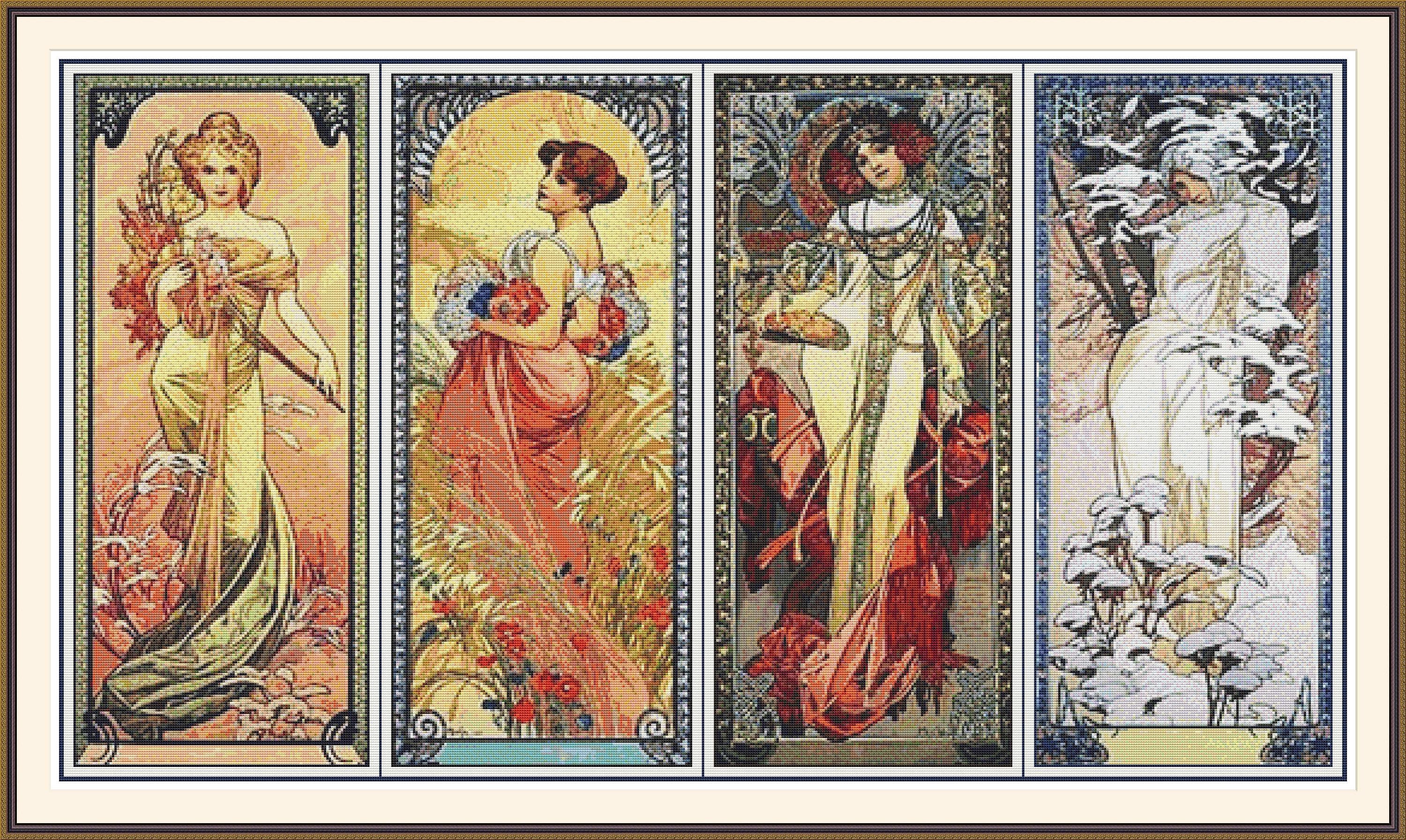 Four Seasons by Alphonse Mucha. PDF cross stitch pattern, Seasons, Home decor, Cross stitch chart, Hand embroidery, Digital download.