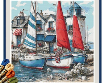 Coastal Lighthouse Sailboats Cross Stitch Pattern PDF