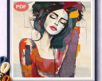 Modèle de point de croix abstrait femme PDF, motif de broderie d'art féminin moderne