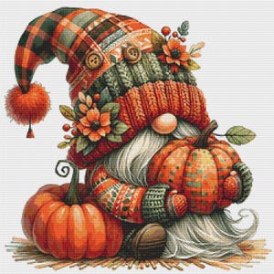 May include: A cross-stitch pattern featuring a gnome wearing a plaid and knit hat decorated with orange flowers and buttons. The gnome has a long white beard and holds a pumpkin, with another pumpkin resting beside it on a textured surface.