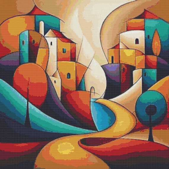 Cubist Landscape 2 Cross Stitch Pattern: Colorful Cubism Town PDF