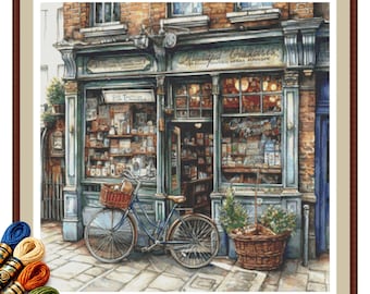Old Store Cross Stitch Pattern PDF Νο6 – Old Apothecary Shop with Bicycle.