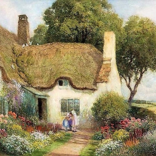 Three Girls Outside a Thatched Roof Cottage. Cross stitch pattern. Cross stitch supply. Counted cross stitch. Hand embroidery pattern