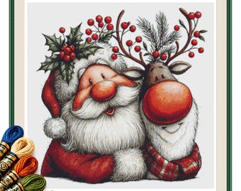 Santa and Reindeer Holiday Portrait Cross Stitch Pattern PDF