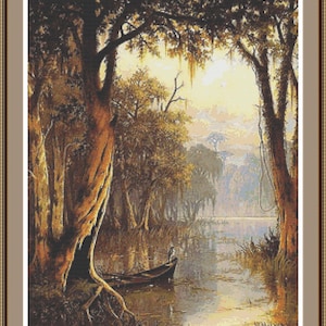Louisiana Bayou. PDF cross stitch pattern, Landscape, Home decor, Cross stitch chart, Hand embroidery.