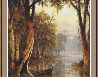 Louisiana Bayou Cross Stitch Pattern PDF, Southern Swamp Landscape.