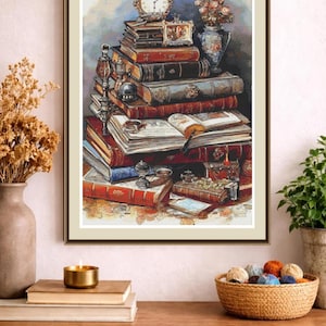 Antique Library Desk Cross Stitch Pattern PDF, Vintage Books and Writing Still Life image 2