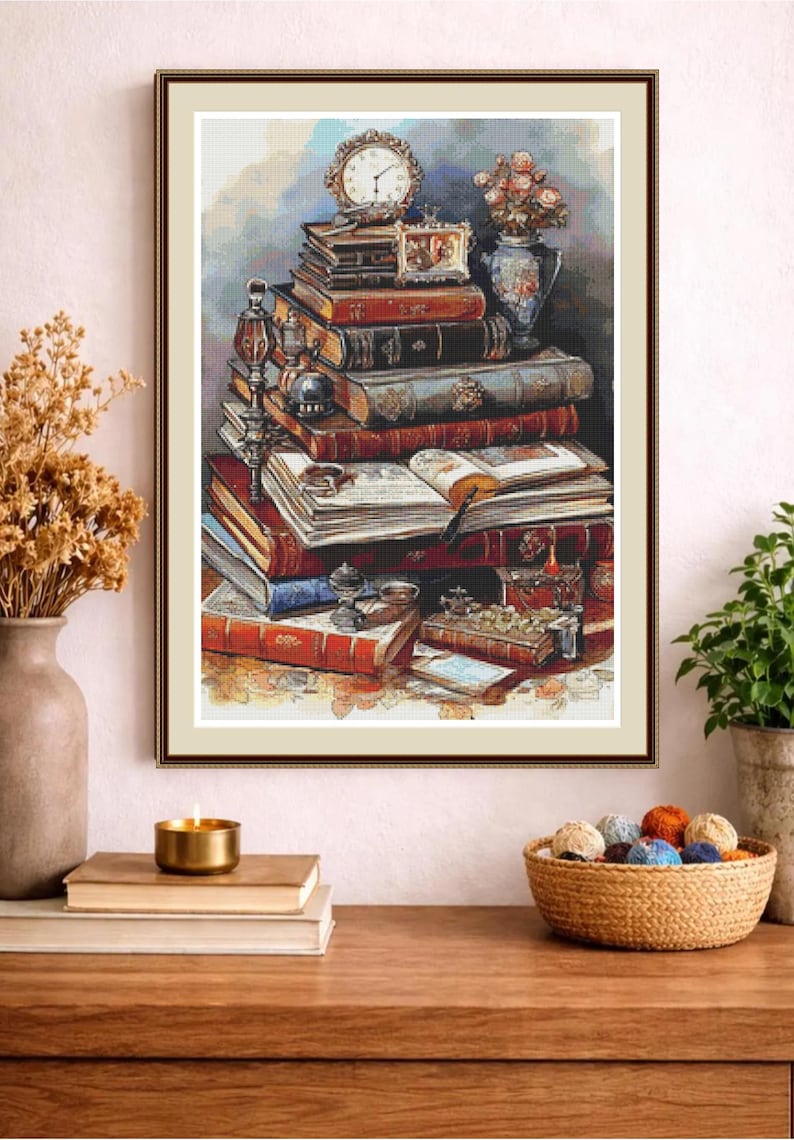 Antique Library Desk Cross Stitch Pattern PDF, Vintage Books and Writing Still Life image 2