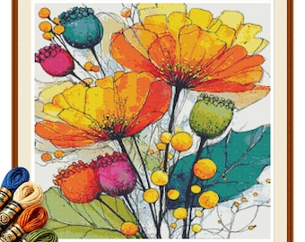 Orange Poppy Garden Cross Stitch Pattern PDF, Watercolor Botanical Flowers
