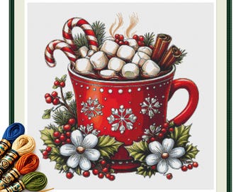 Christmas Marshmallow Cocoa Mug Cross Stitch Pattern PDF, Candy Canes and Holly