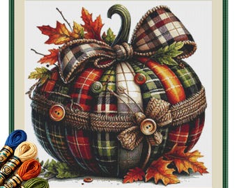 Plaid Bow Pumpkin Cross Stitch Pattern PDF, Rustic Autumn Folk Art