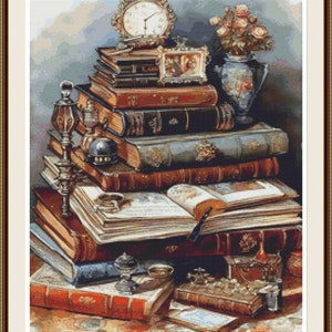 May include: A still life painting depicting a stack of antique books with a clock, a vase of flowers, and other decorative items. The books are arranged in a pyramid shape, with the clock at the top. The vase is filled with pink roses and sits on top of the second book from the top. The other decorative items include a magnifying glass, a quill pen, and a small metal object.