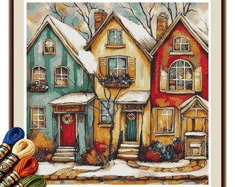 Winter Wreath Cottages Cross Stitch Pattern PDF