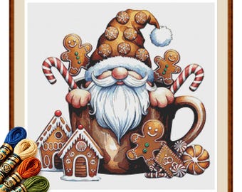 Gingerbread Village Gnome Cross Stitch Pattern PDF, Candy Cane Christmas Mug
