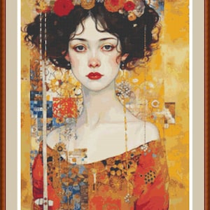 Art Deco Lady 3.  Cross stitch pattern PDF, Art deco pattern, Figure chart, Hand embroidery, Needlepoint pattern, Floral pattern.