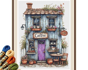 Purple Door Coffee Shop Cross Stitch Pattern PDF, Vintage Blue Cottage Café