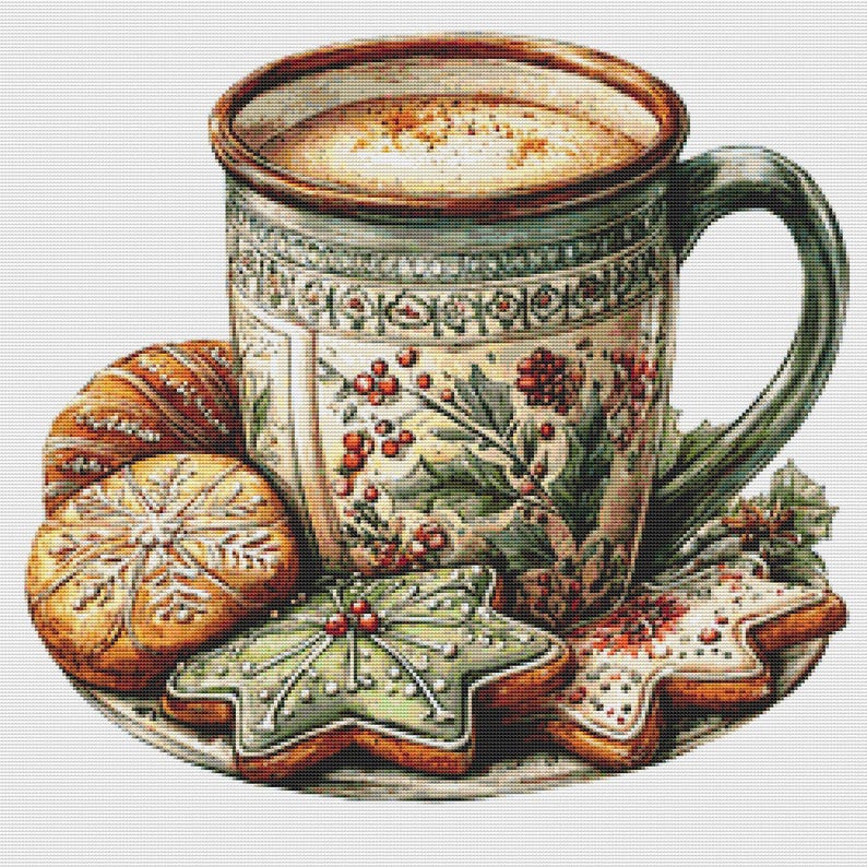 May include: A festive illustration of a mug filled with a warm beverage, surrounded by holiday cookies. The mug features a detailed floral design with red berries. Cookies include a star-shaped green cookie and a snowflake-decorated cookie.