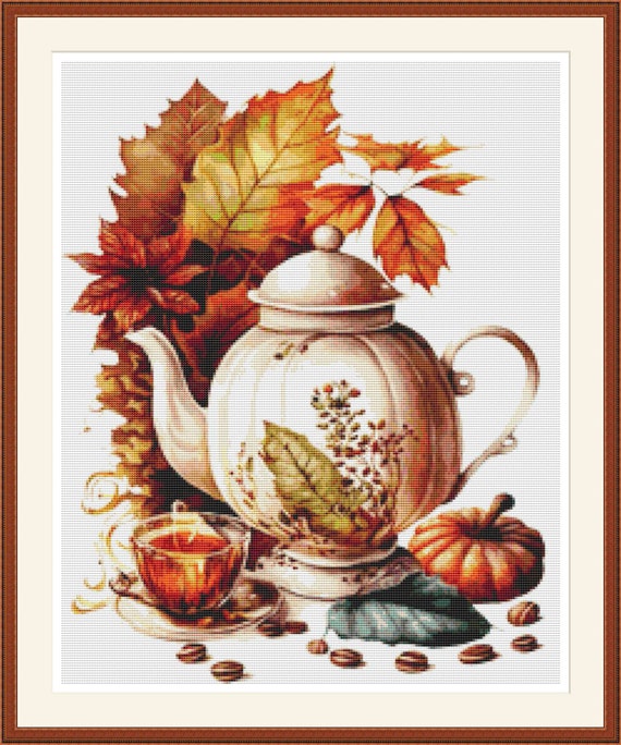 秋のお茶会 1 クロスステッチパターン：花の刺繍 PDF チャート - Etsy 日本