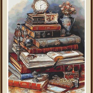 Antique Library Desk Cross Stitch Pattern PDF, Vintage Books and Writing Still Life image 3