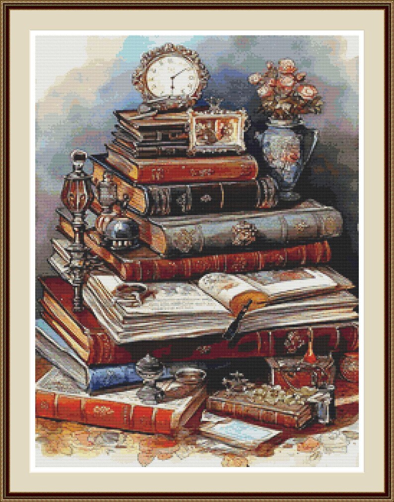 Antique Library Desk Cross Stitch Pattern PDF, Vintage Books and Writing Still Life image 3