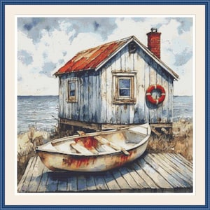 Little Coastal Cabin 4. PDF Cross stitch pattern, Sea landscape, Boat, Modern pattern, Hand embroidery, Sea landscape, Cross stitch chart.