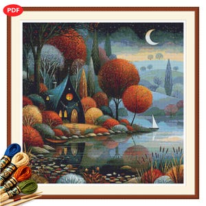 Moonlit Autumn Cottage Cross Stitch Pattern PDF, Lakeside Landscape, Fall Needlework