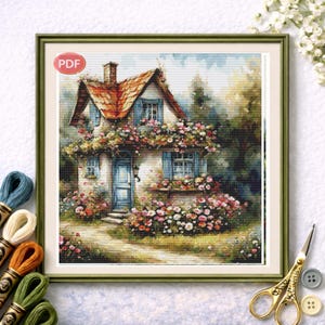 Small Cottage Cross Stitch Pattern, Blue Shutters House Embroidery PDF, Spring Flowers Chart.