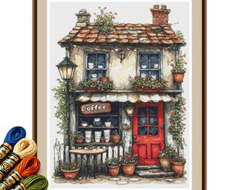 Red Door Coffee Shop Cross Stitch Pattern PDF, Vintage Cottage Café