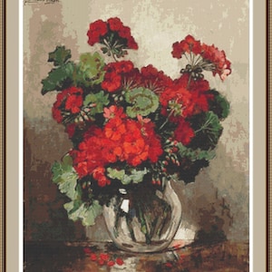 Red Geraniums. PDF Cross stitch pattern, Floral pattern, Red geraniums, Home decor, Cross stitch chart, PDF pattern.