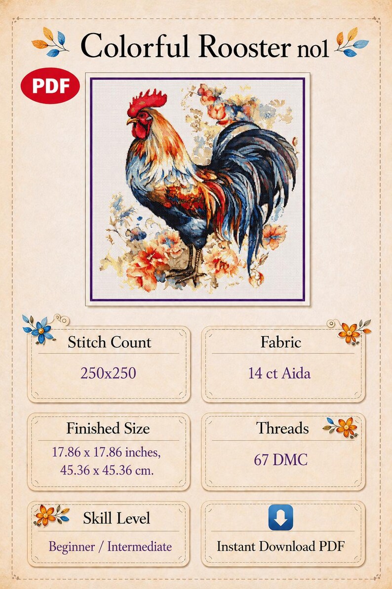 Colorful Rooster Cross Stitch Pattern PDF No1, Farmhouse Animal ...