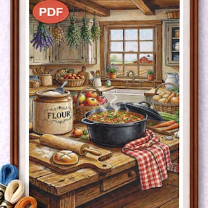 Rustiek keuken koken kruissteekpatroon, boerderijvoedselscène pdf