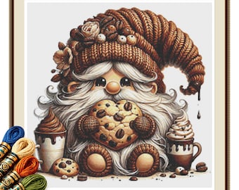 Coffee Bean Gnome Cross Stitch Pattern PDF, Heart Cookie Needlework