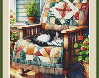Sleeping Cat 2 Cross Stitch Pattern, Cozy Armchair Cat PDF.