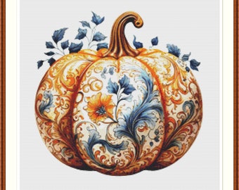 May include: A decorative pumpkin with a white background and intricate blue and gold floral patterns.