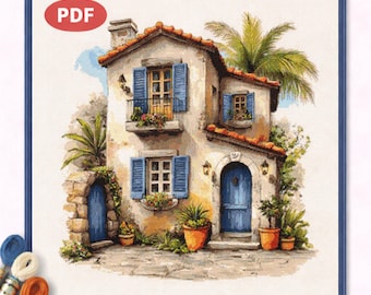 Villa méditerranéenne, motif point de croix, palmier, maison d'été, PDF