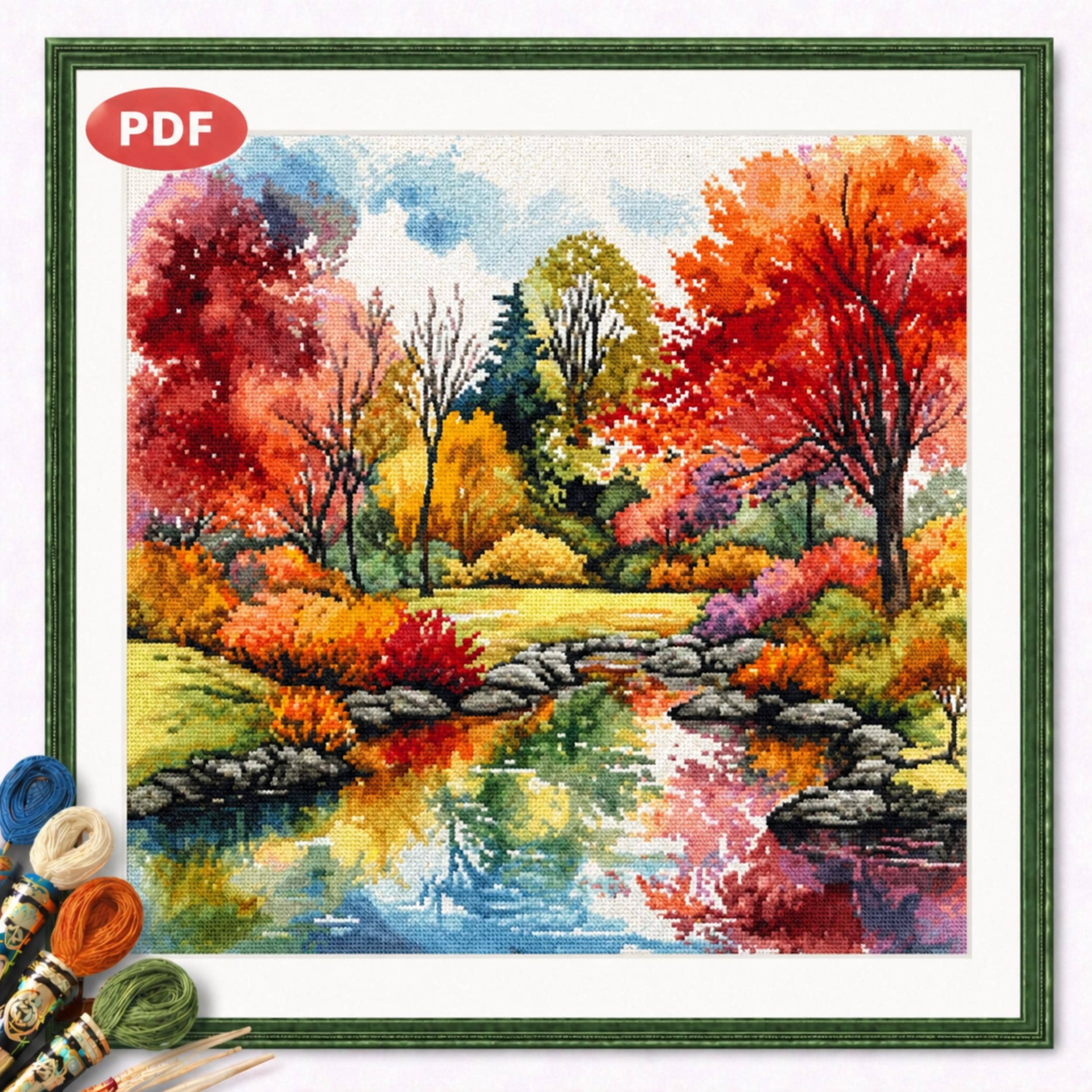 Autumn Forest Lake Cross Stitch Pattern, Fall Landscape Embroidery PDF ...