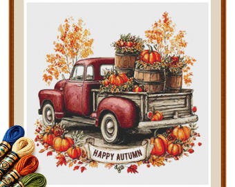 Happy Autumn Truck Cross Stitch Pattern PDF, Pumpkin Basket Harvest