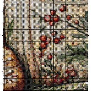 May include: A cross-stitch pattern titled "Christmas Cocoa 3" with a grid of colored squares. The design features red berries, green foliage, and a warm, brown background. The page number is 6.