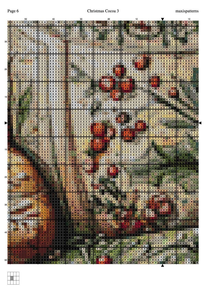 May include: A cross-stitch pattern titled "Christmas Cocoa 3" with a grid of colored squares. The design features red berries, green foliage, and a warm, brown background. The page number is 6.