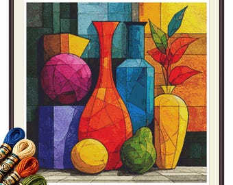 Colorful Vases Cross Stitch Pattern PDF, Geometric Botanical Still Life